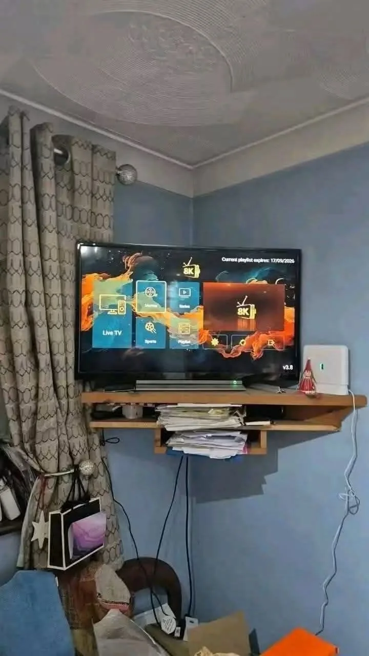 Living room TV running 8K IPTV channels after Firestick setup