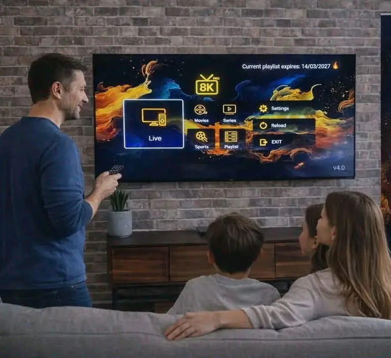 Family watching 8K IPTV channels on a large living-room TV