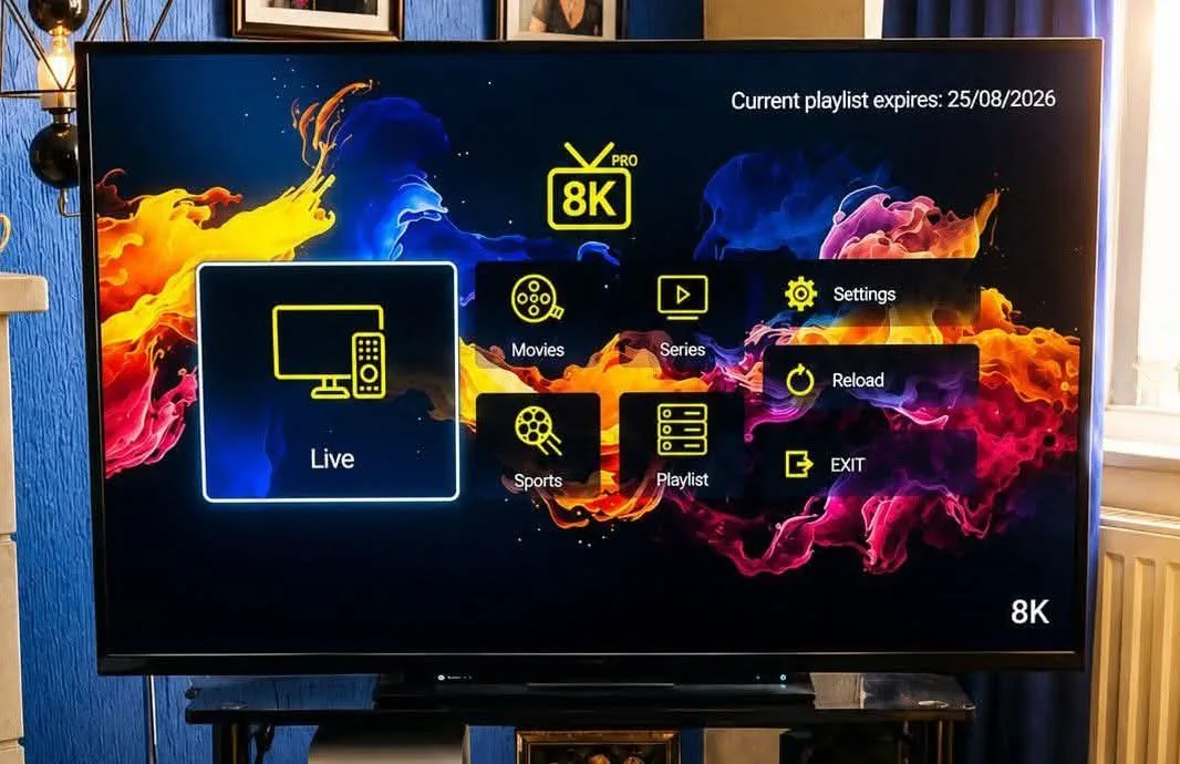 8K IPTV running on a Smart TV UltraStream 8K home screen in Ultra HD