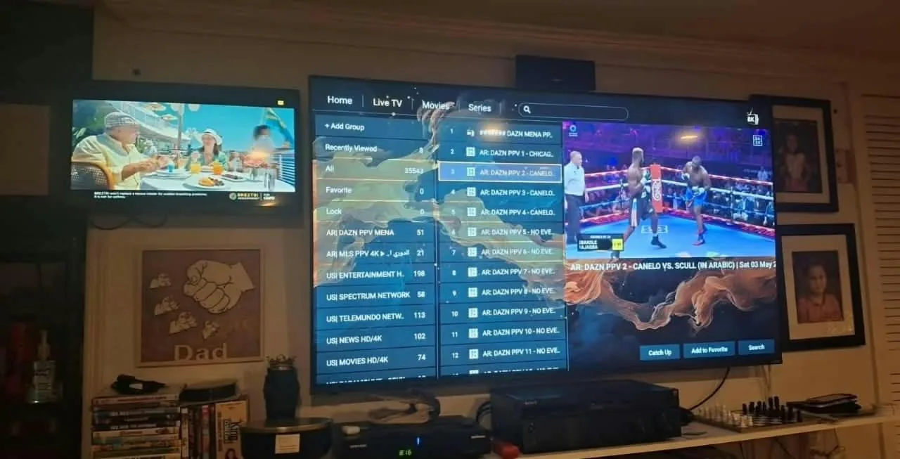 8K IPTV multi-screen view watching live PPV boxing on several devices