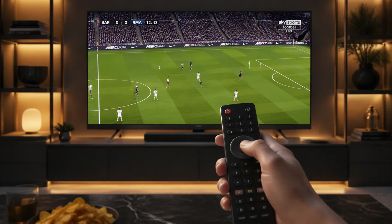 Watching a live football match through a strong 4K IPTV service with a remote control in hand